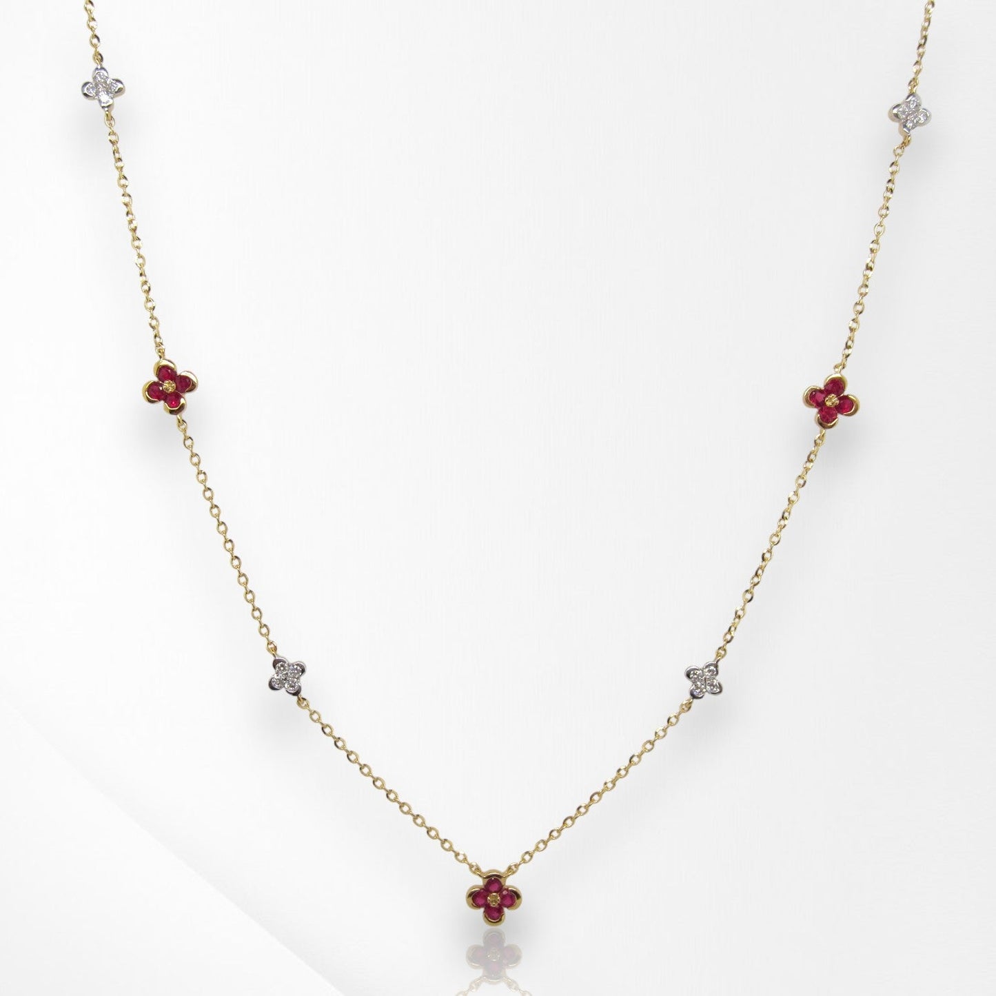 Ruby & Diamond Floral Cluster Necklace