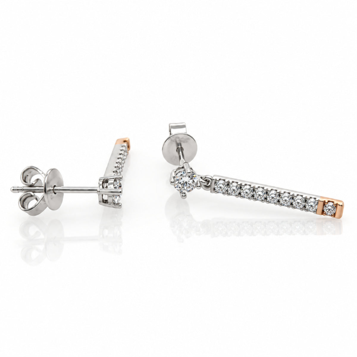 18ct White & Rose Gold Pink & White Diamond Bar Drop Studs