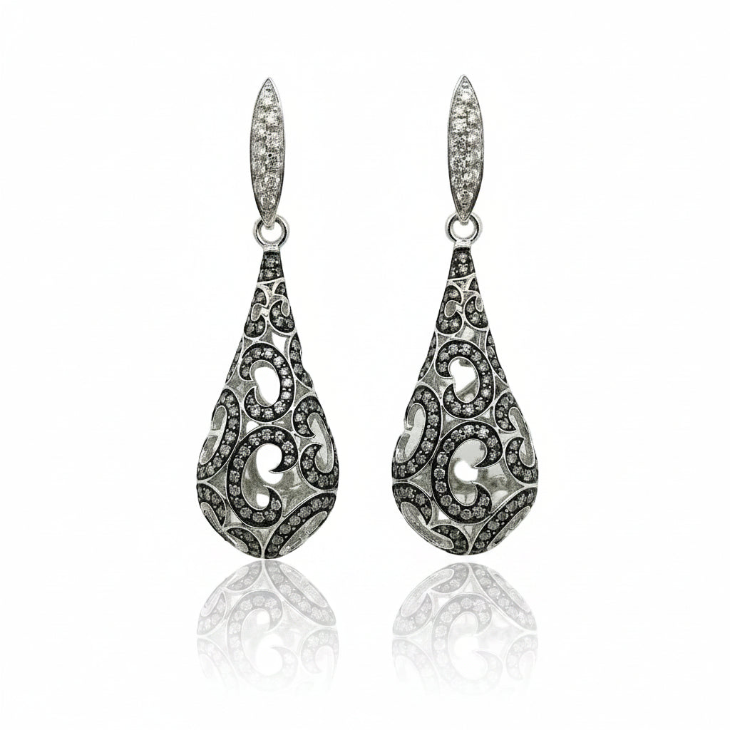 18ct White Gold Filigree Diamond Teardrop Earrings