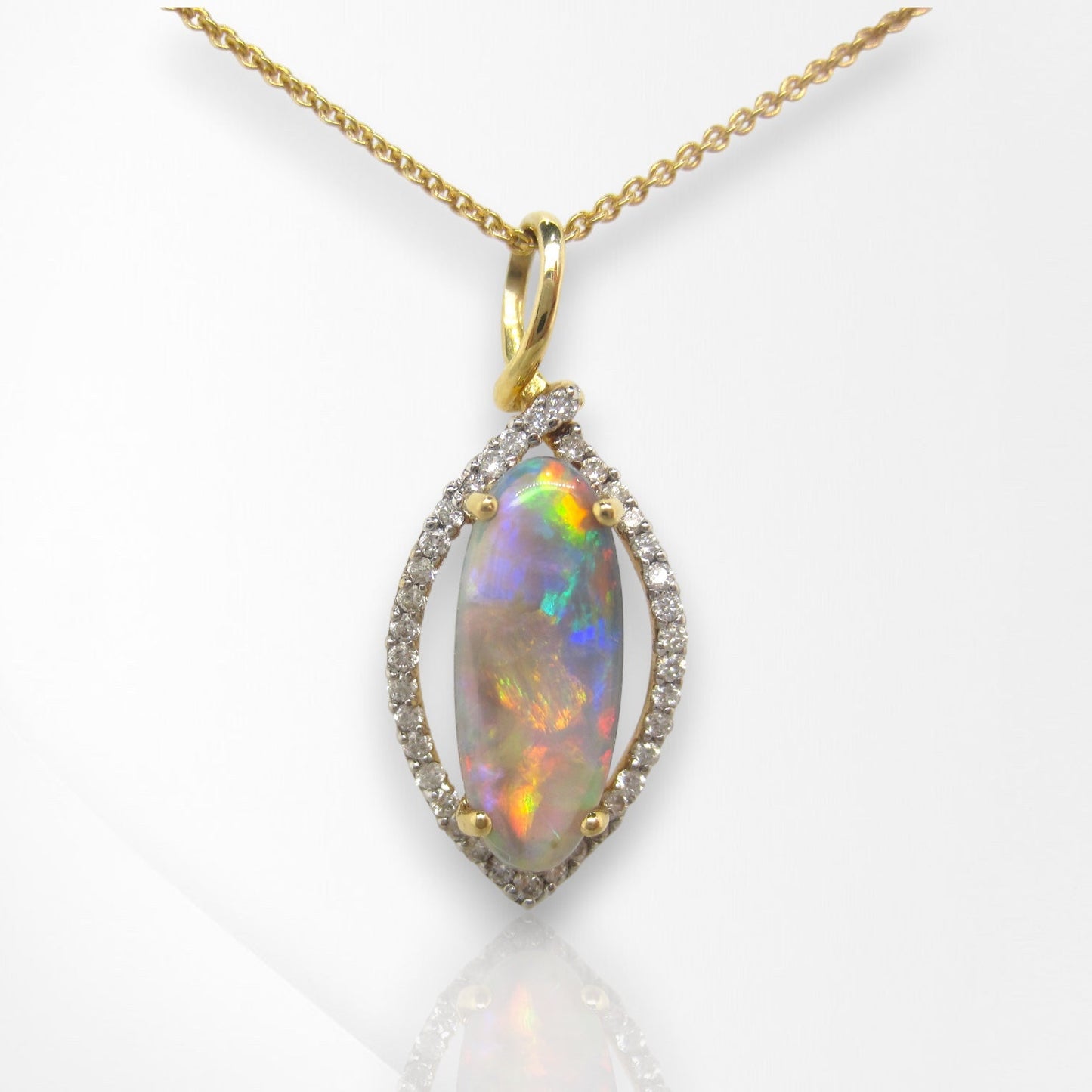 18ct Yellow Gold Marquise Shape Opal & Diamond Pendant
