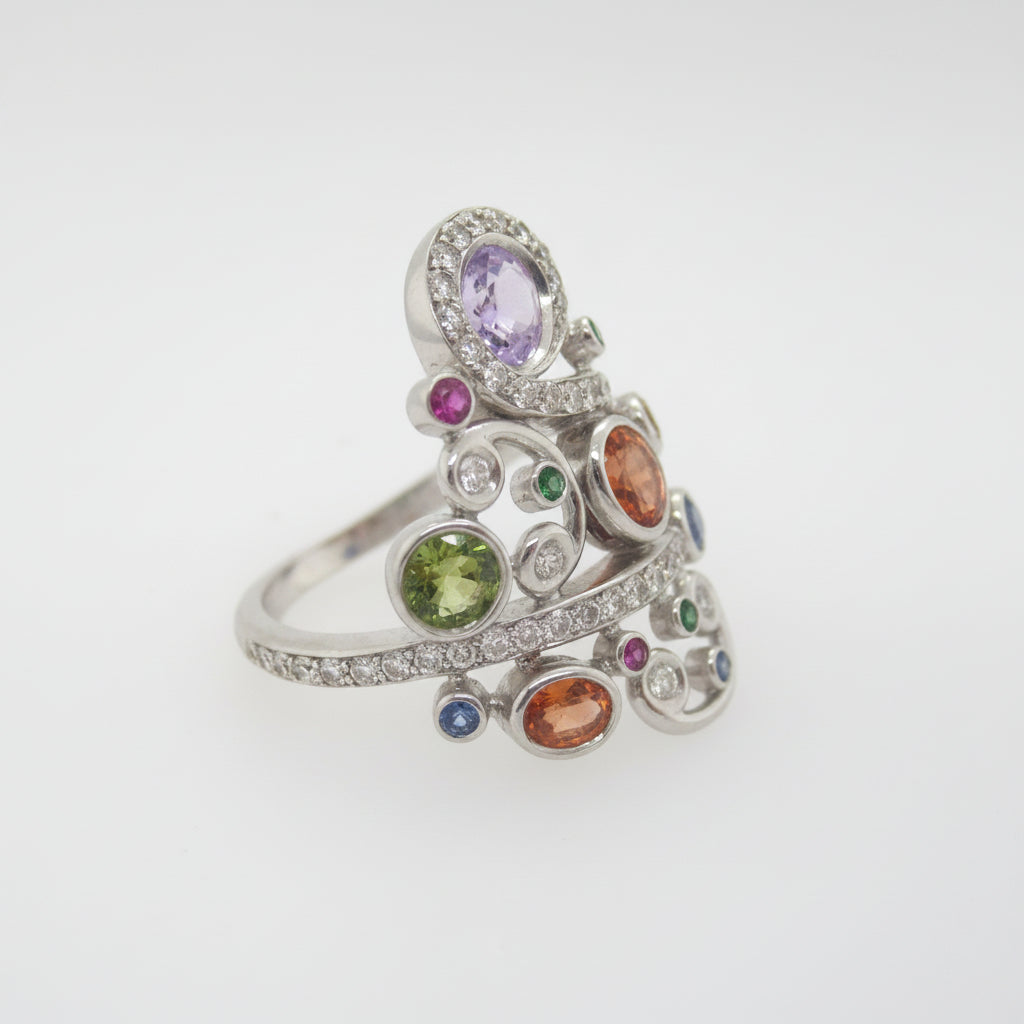 18ct White Gold Multi-Colour Sapphire, Tsavorite Garnet, Ruby & Diamond Dress Ring