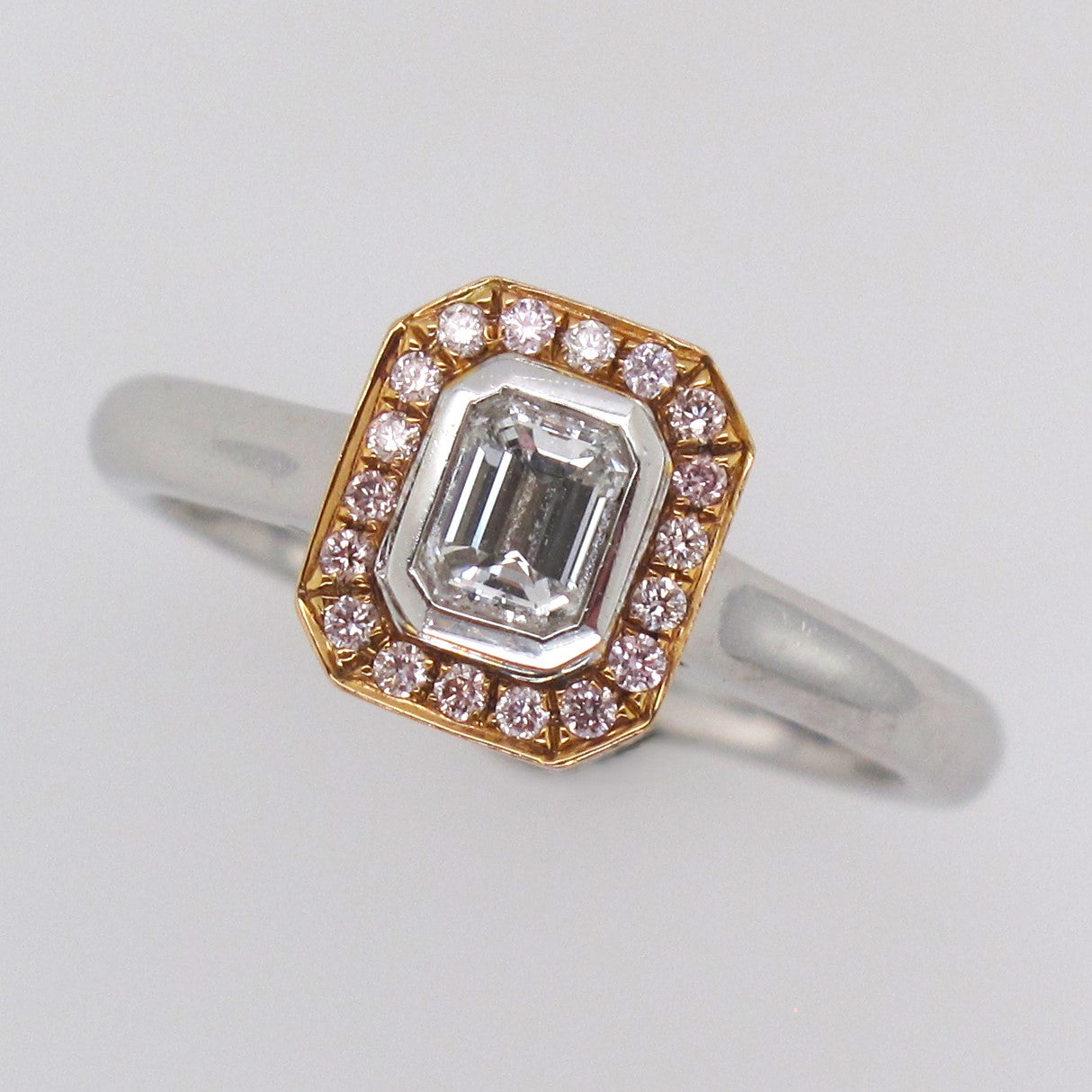 (Sold) 18ct White & Rose Gold Emerald Cut Diamond & Pink Diamond Ring