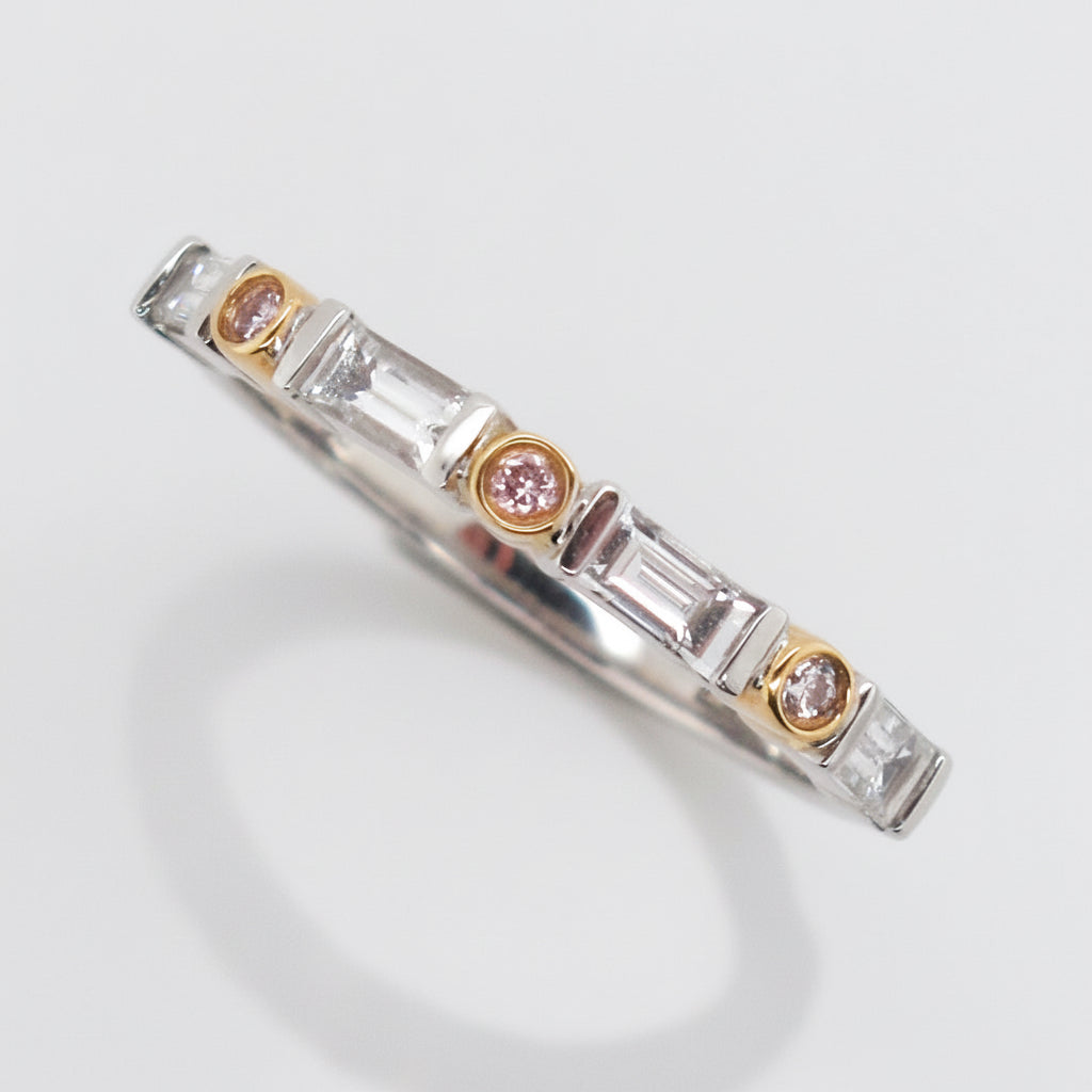 Baguette Cut Diamond & Round Brilliant Cut Pink Diamond Ring