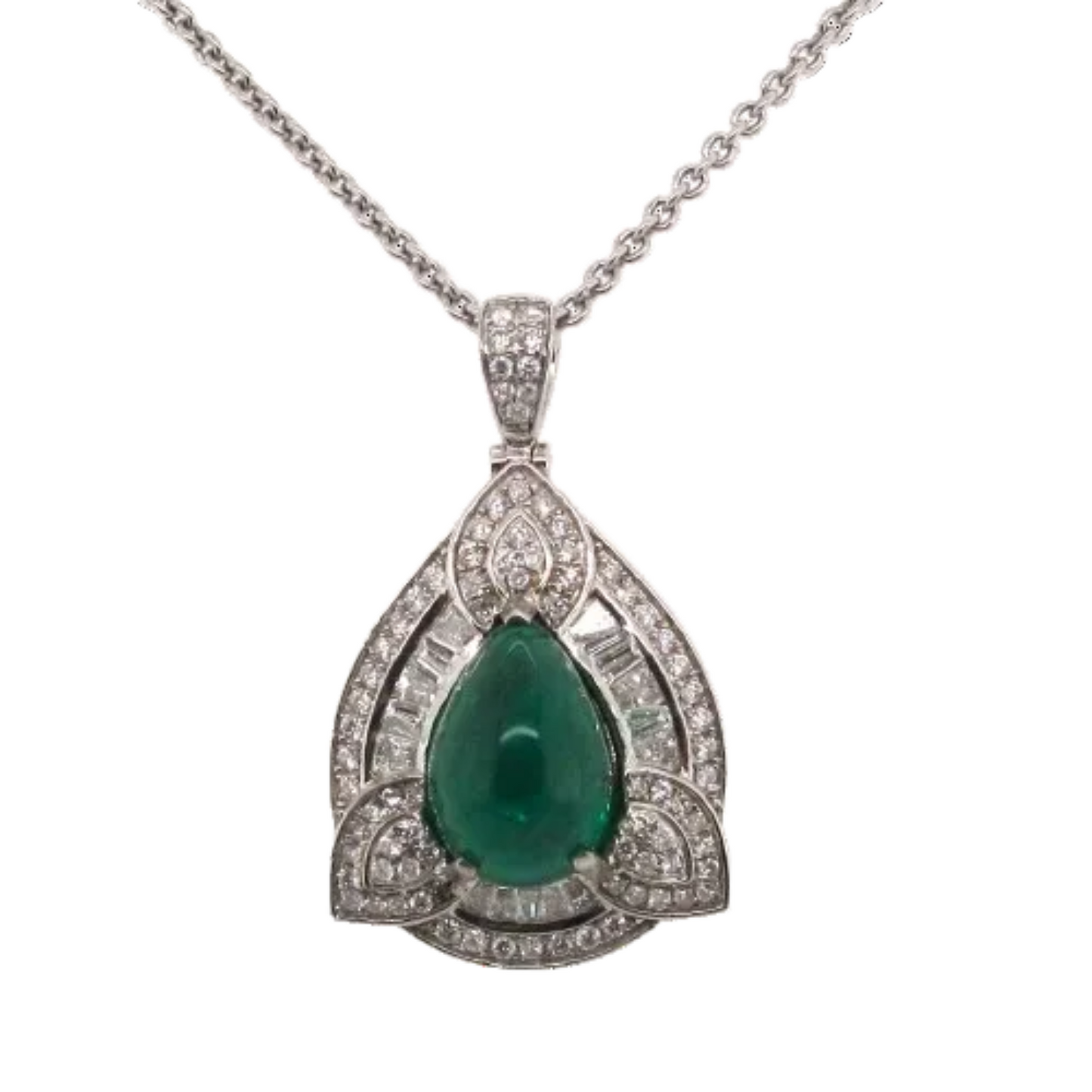 18ct White Gold Cabochon Emerald & Diamond Pendant