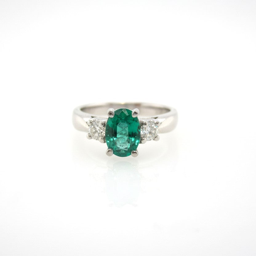 Handmade Oval Emerald and Round Diamond Ring