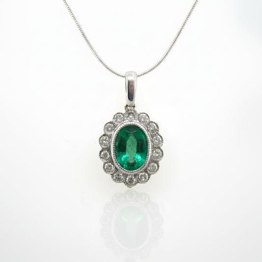 18ct White Gold Emerald & Diamond Pendant