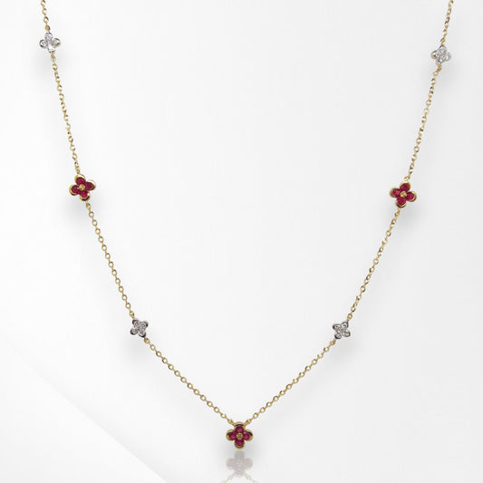 Ruby & Diamond Floral Cluster Necklace