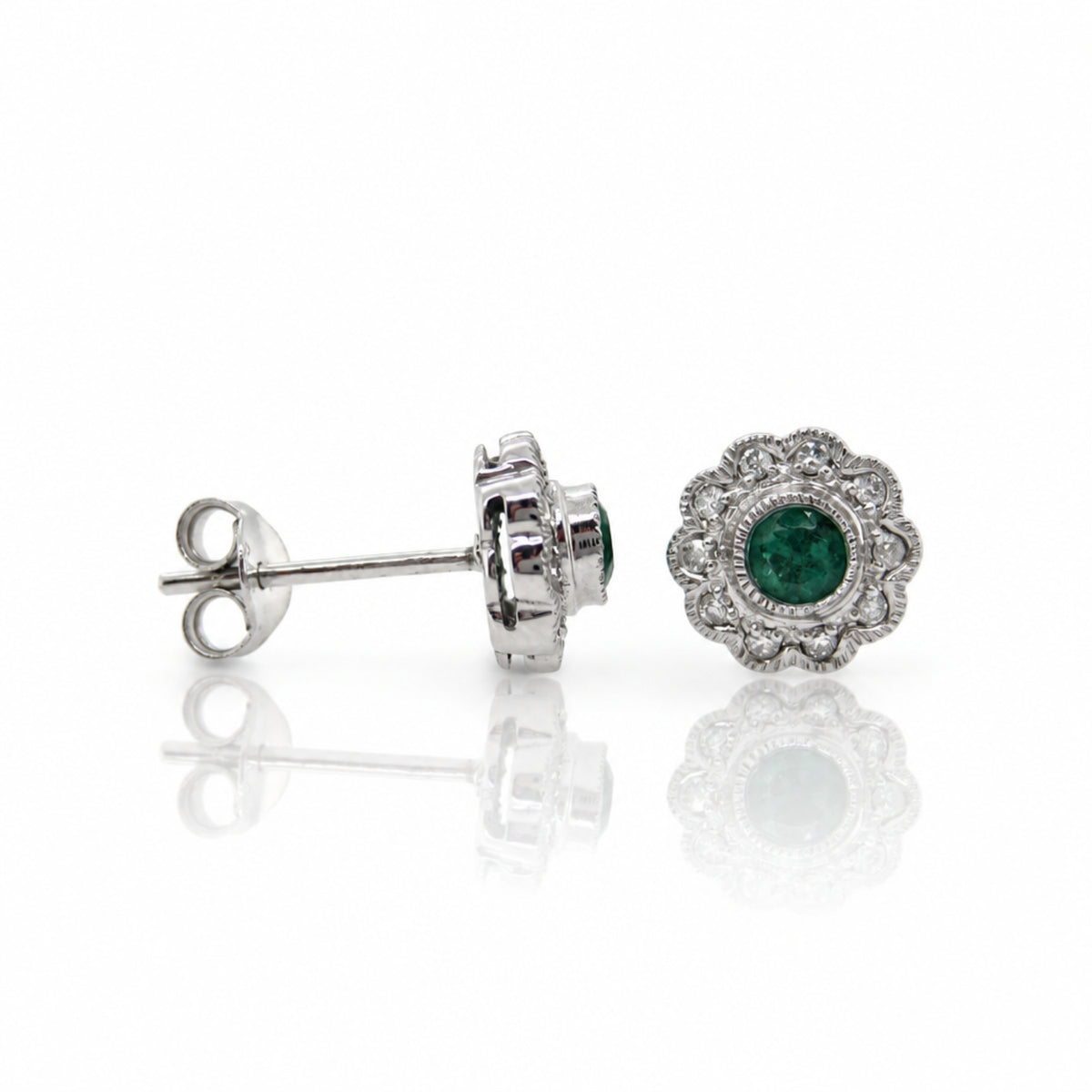 9ct White Gold Emerald & Diamond Stud Earrings