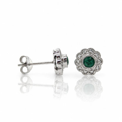9ct White Gold Emerald & Diamond Stud Earrings