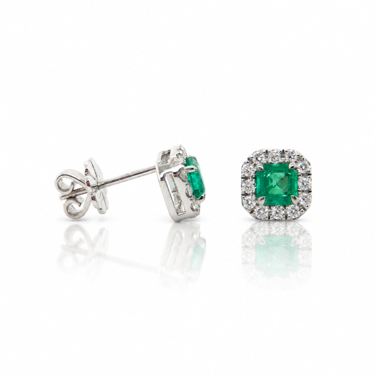 18ct White Gold Emerald & Diamond Stud Earrings