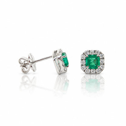18ct White Gold Emerald & Diamond Stud Earrings