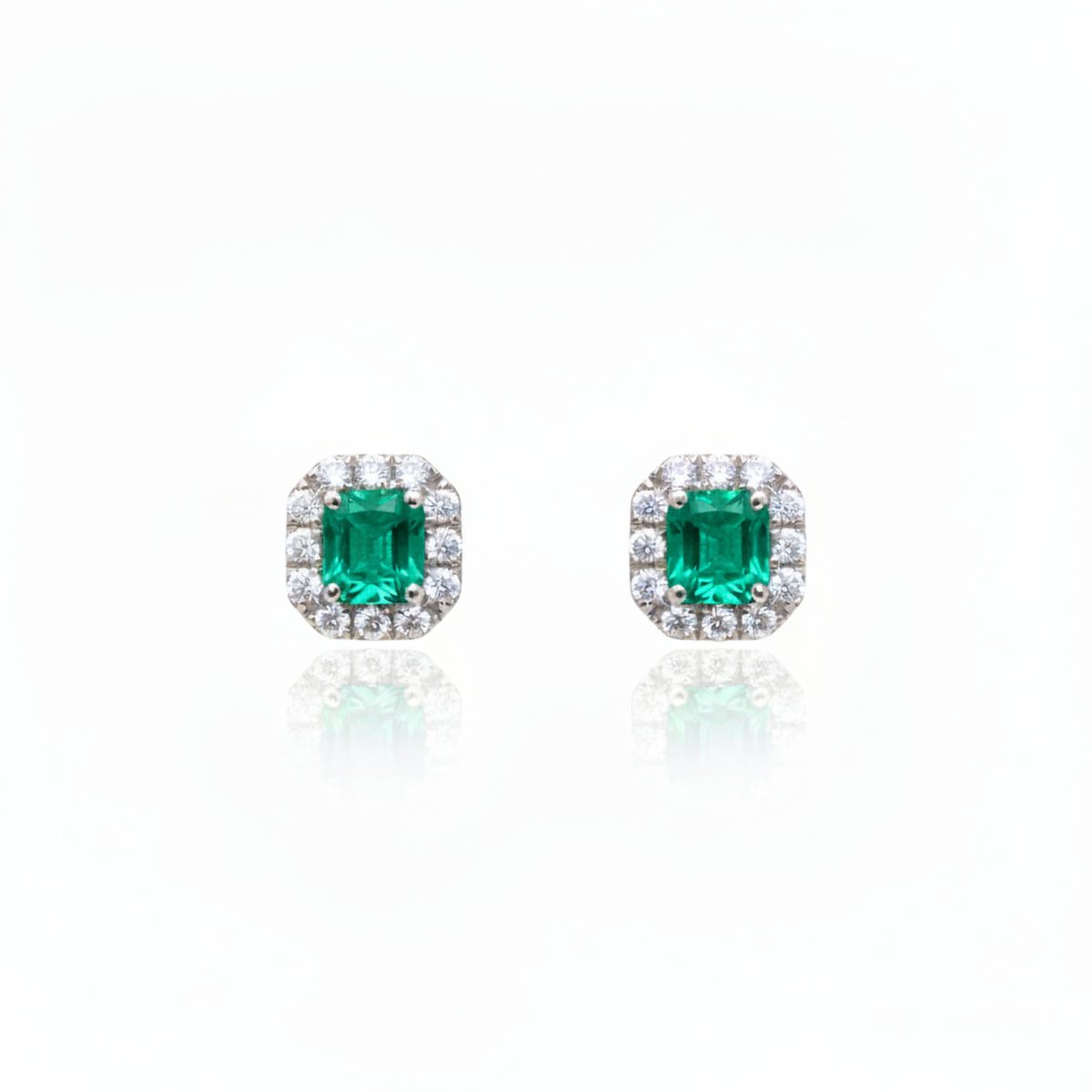 18ct White Gold Emerald & Diamond Stud Earrings