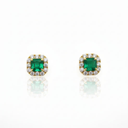 18ct Yellow Gold Emerald & Diamond Halo Stud Earrings