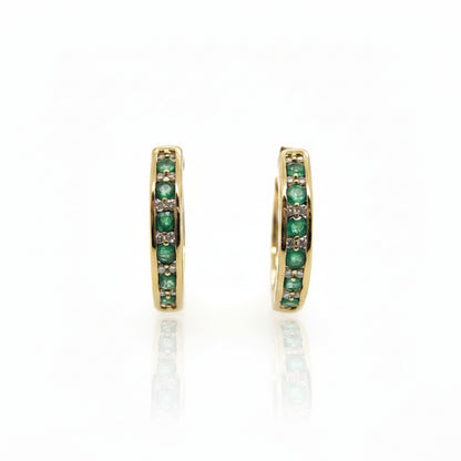 9ct Yellow Gold Emerald & Diamonds Huggie Earrings