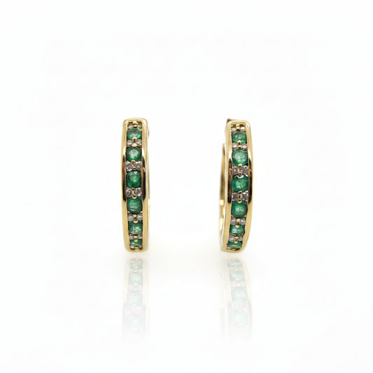 9ct Yellow Gold Emerald & Diamonds Huggie Earrings
