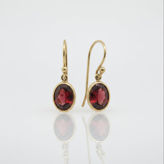 9ct Yellow Gold Oval Garnet Drop Earrings
