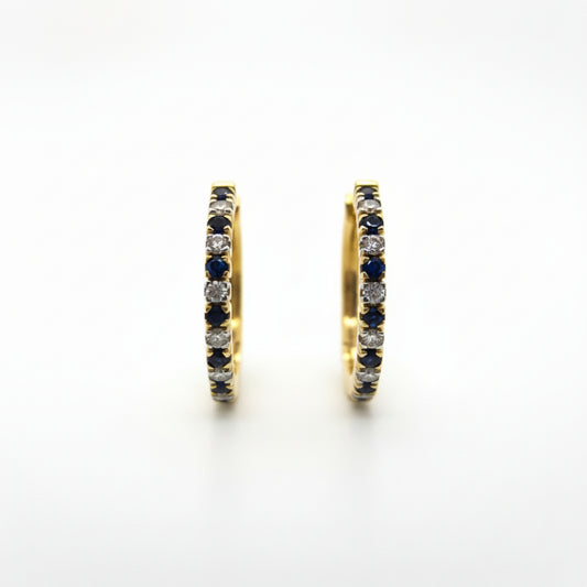18ct Two-Tone Blue Sapphire & Diamond Huggie Earrings