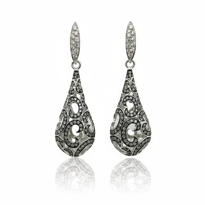 18ct White Gold Filigree Diamond Teardrop Earrings