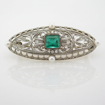 Estate Emerald and Pearl Brooch