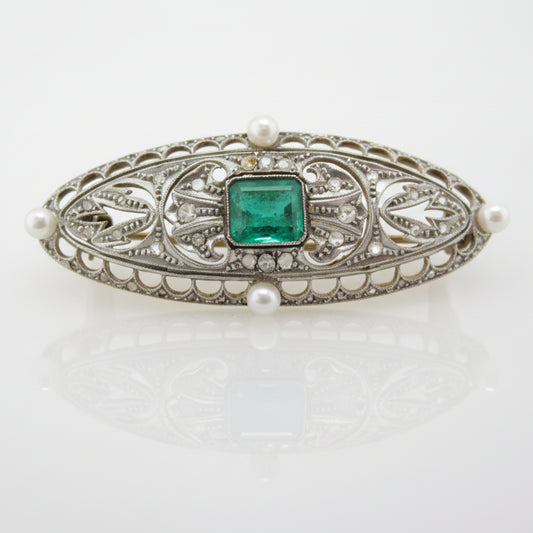 Estate Emerald and Pearl Brooch