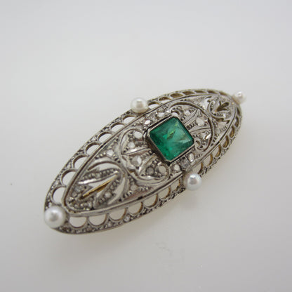 Estate Emerald and Pearl Brooch