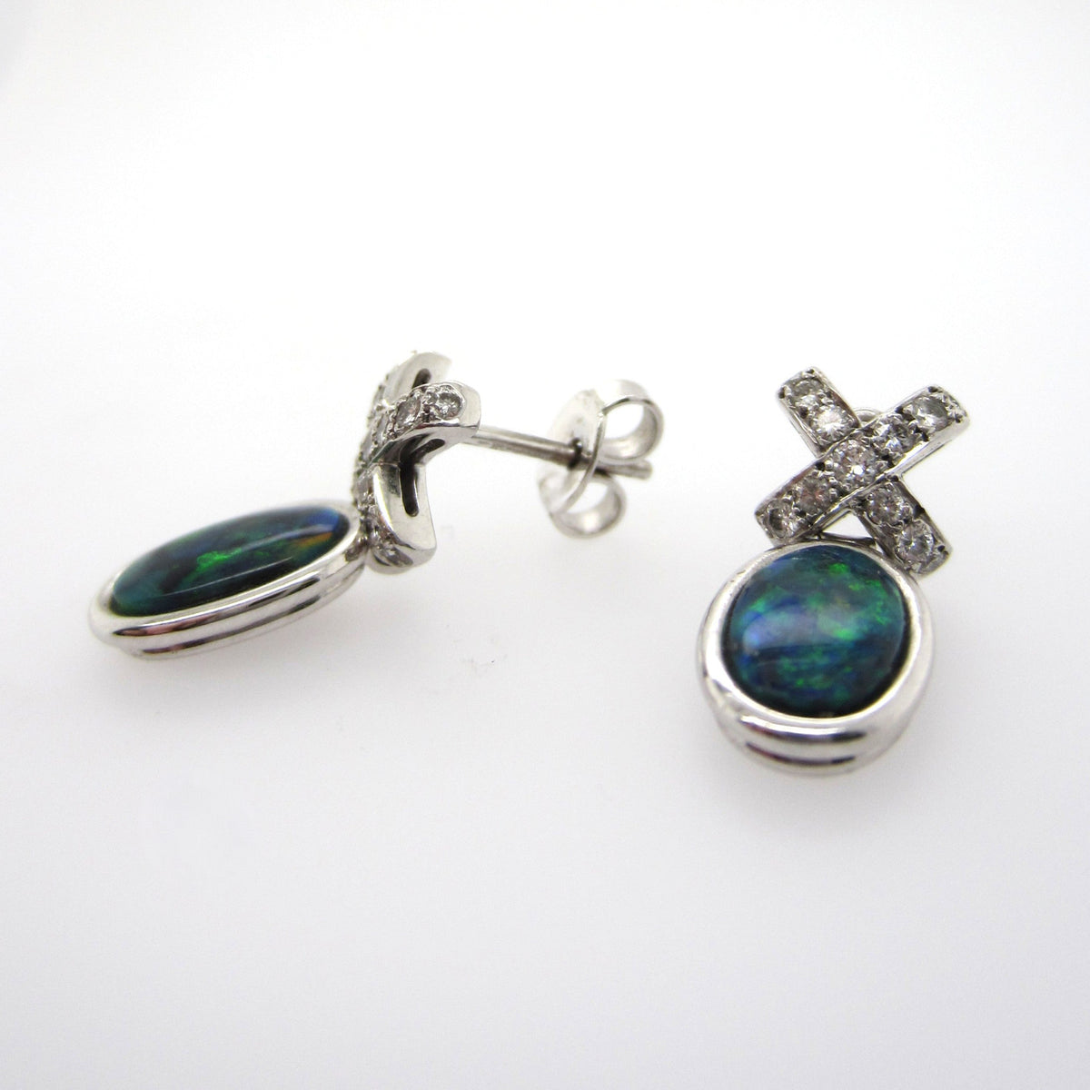 18ct White Gold Black Opal Diamond Cross Earrings