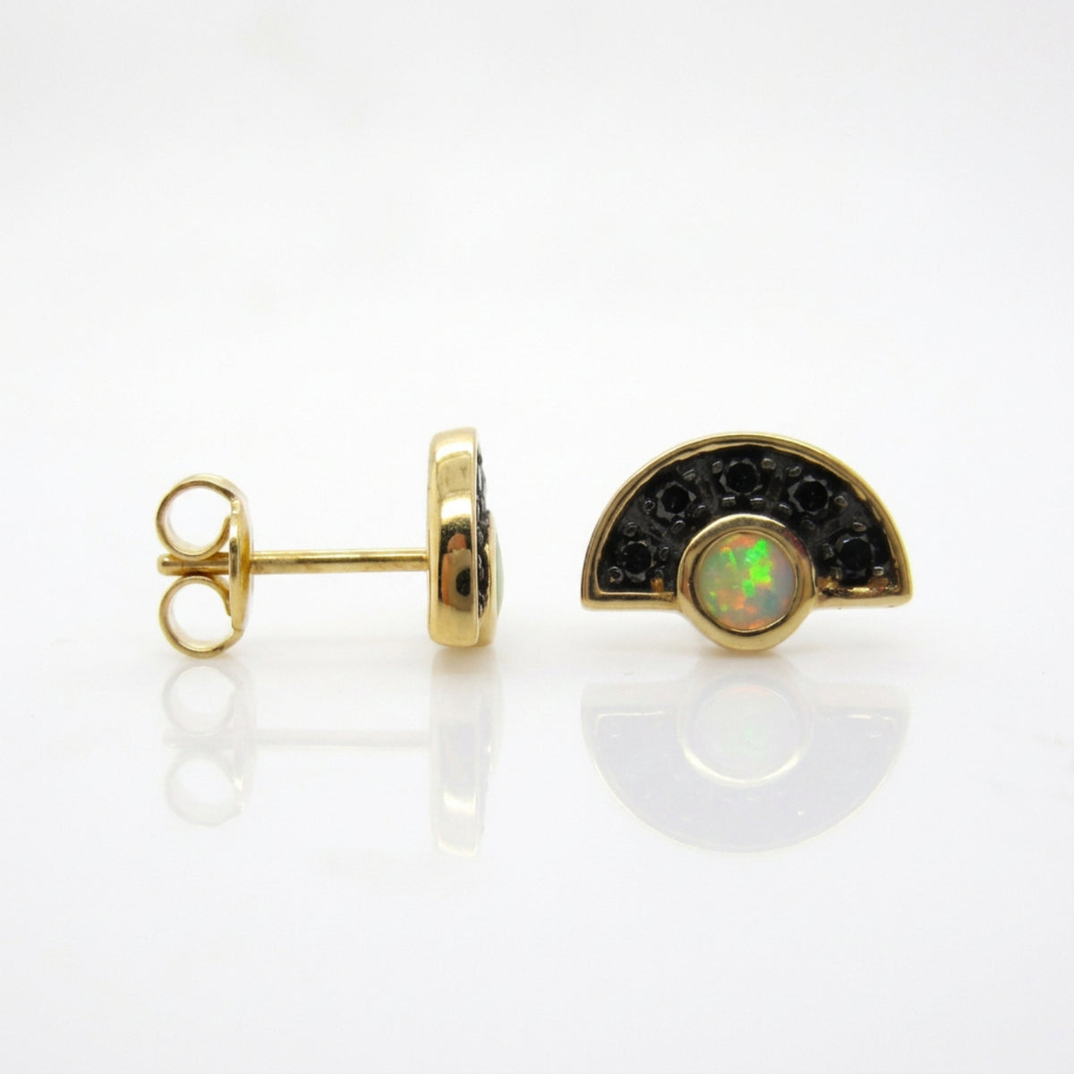 14ct Yellow Gold White Crystal Opal Black Diamond Studs