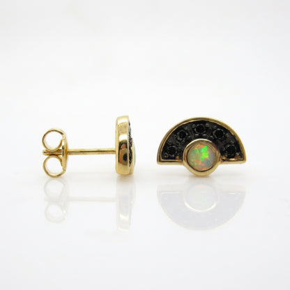 14ct Yellow Gold White Crystal Opal Black Diamond Studs