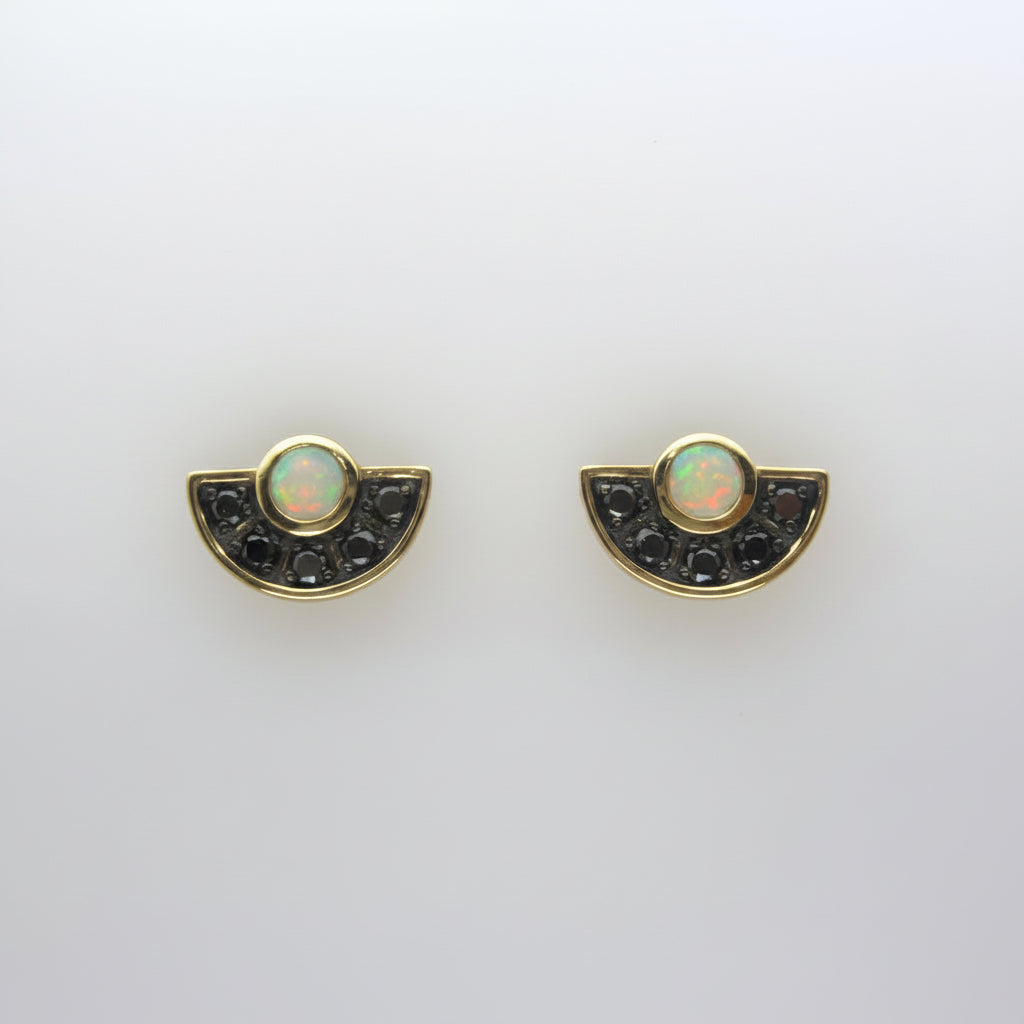 14ct Yellow Gold White Opal & Black Diamond Stud Earrings