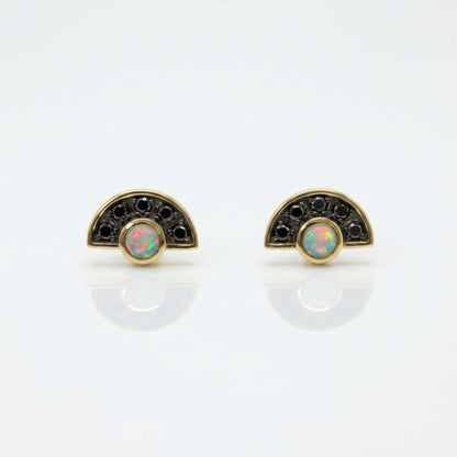 14ct Yellow Gold White Crystal Opal Black Diamond Studs