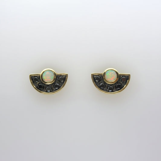 14ct Yellow Gold White Opal & Black Diamond Stud Earrings