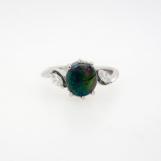 18ct White Gold Solid Black Opal & Diamond Ring