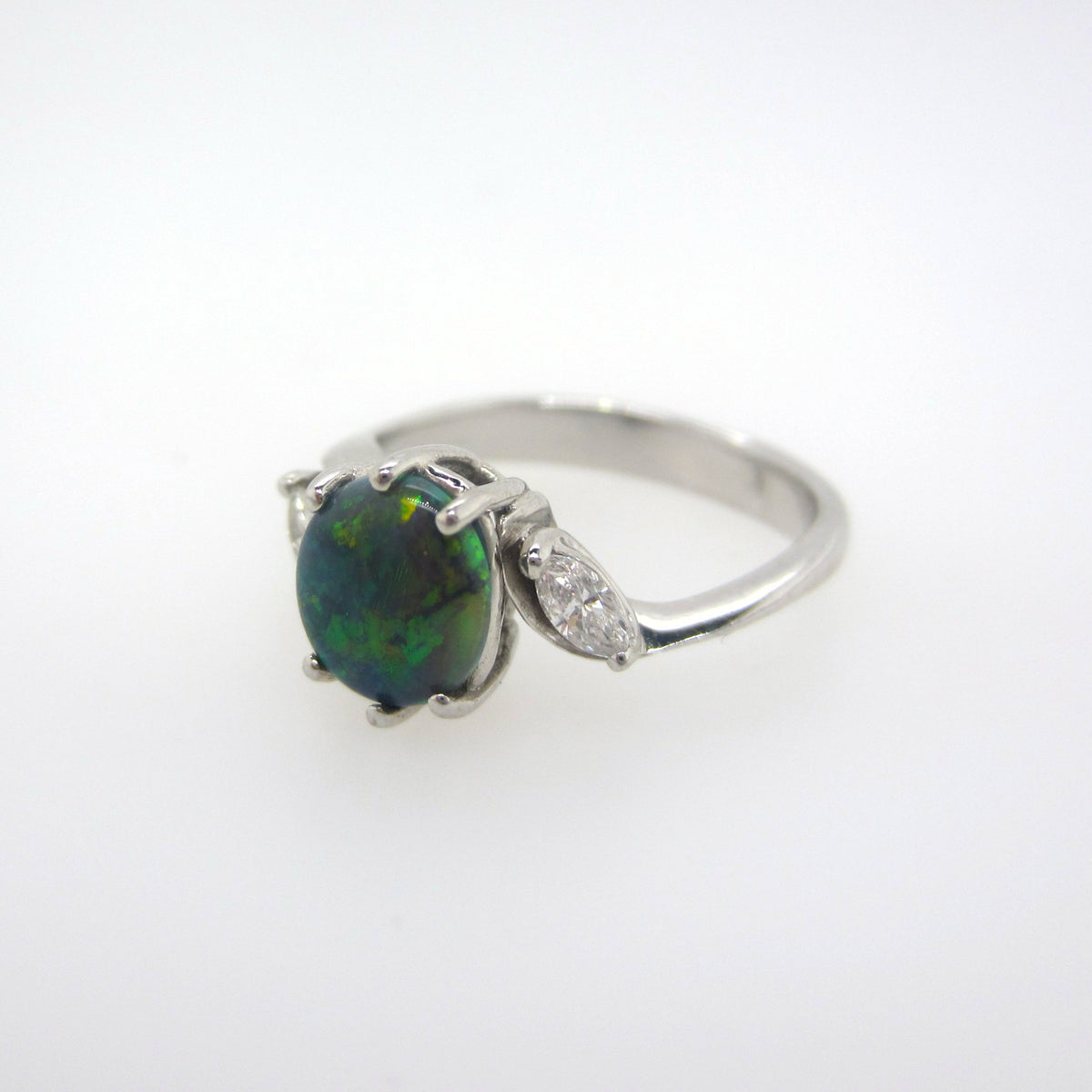 18ct White Gold Solid Black Opal & Diamond Ring