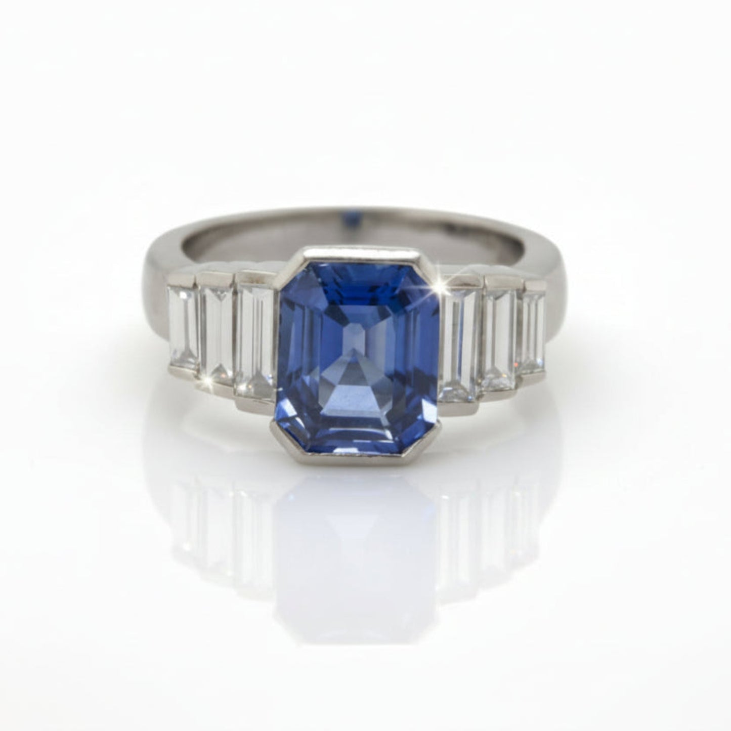 Platinum Emerald Cut Ceylon Sapphire & Diamond Ring