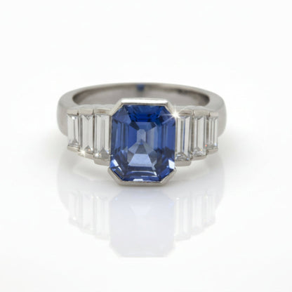 Platinum Emerald Cut Ceylon Sapphire & Diamond Ring