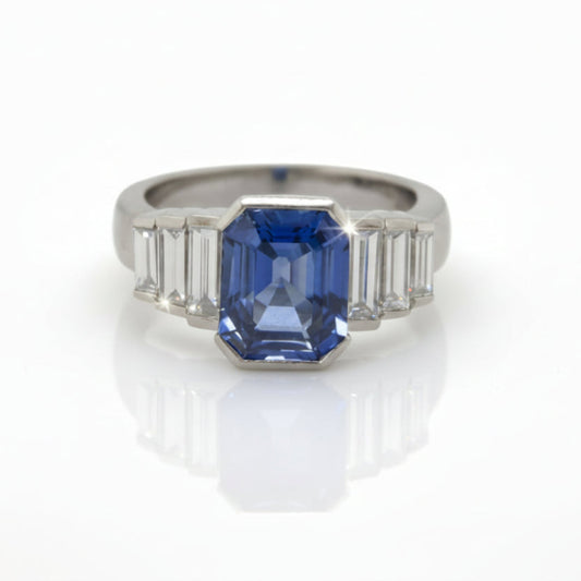 Emerald Cut Ceylon Sapphire & Diamond Ring