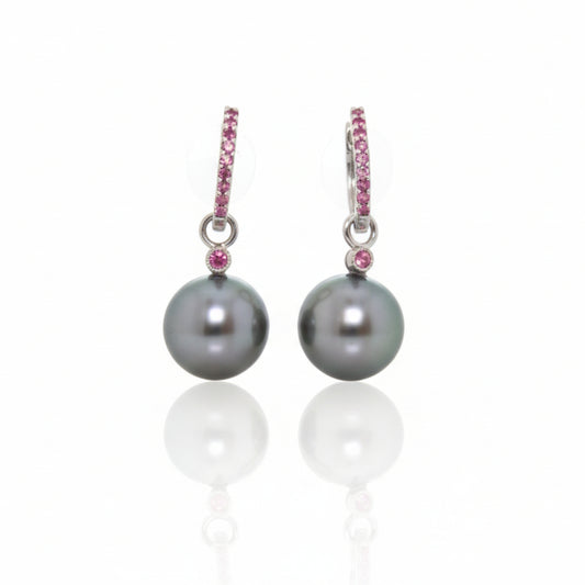 Tahitian Pearl and Pink Sapphire Huggie Earrings
