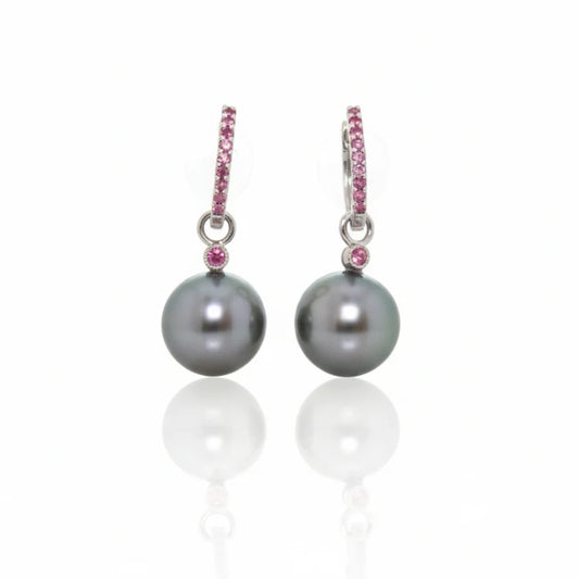 18ct White Gold Tahitian Pearl Pink Sapphire Huggie Earrings