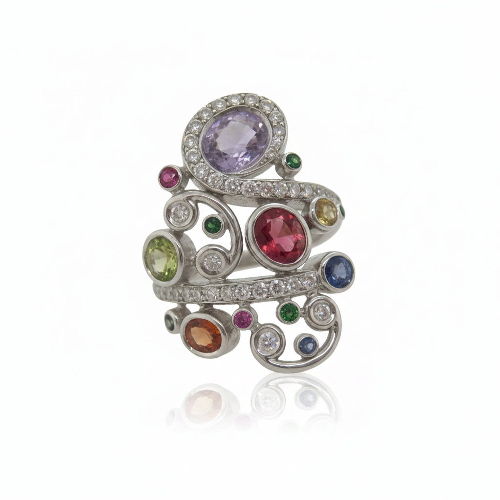 18ct White Gold Multi-Colour Sapphire, Tsavorite Garnet, Ruby & Diamond Dress Ring