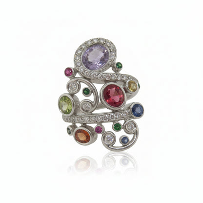 18ct White Gold Multi-Colour Sapphire, Tsavorite Garnet, Ruby & Diamond Dress Ring