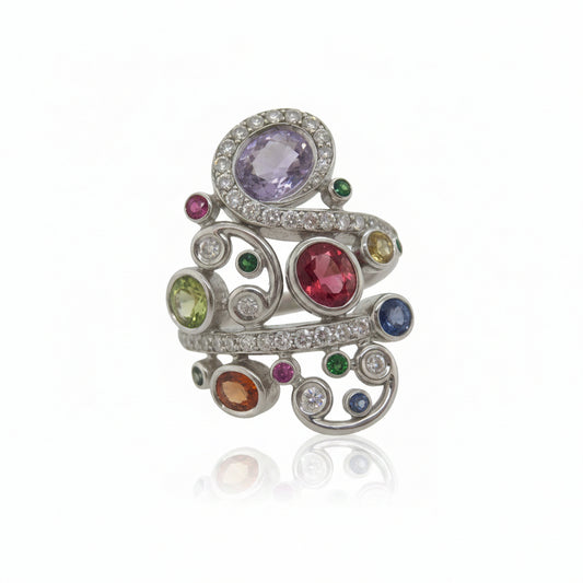 18ct White Gold Multi-Colour Sapphire, Tsavorite Garnet, Ruby & Diamond Dress Ring