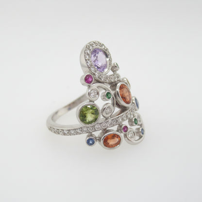 18ct White Gold Multi-Colour Sapphire, Tsavorite Garnet, Ruby & Diamond Dress Ring