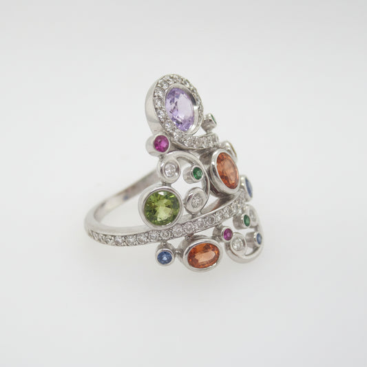 18ct White Gold Multi-Colour Sapphire, Tsavorite Garnet, Ruby & Diamond Dress Ring