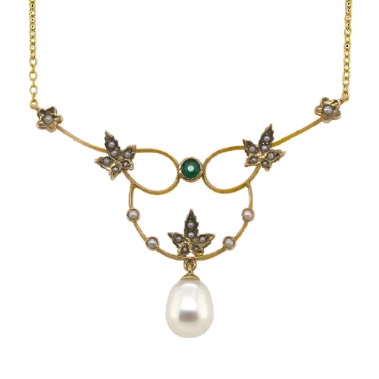 Estate 10ct Yellow Gold Pearl & Emerald Necklace