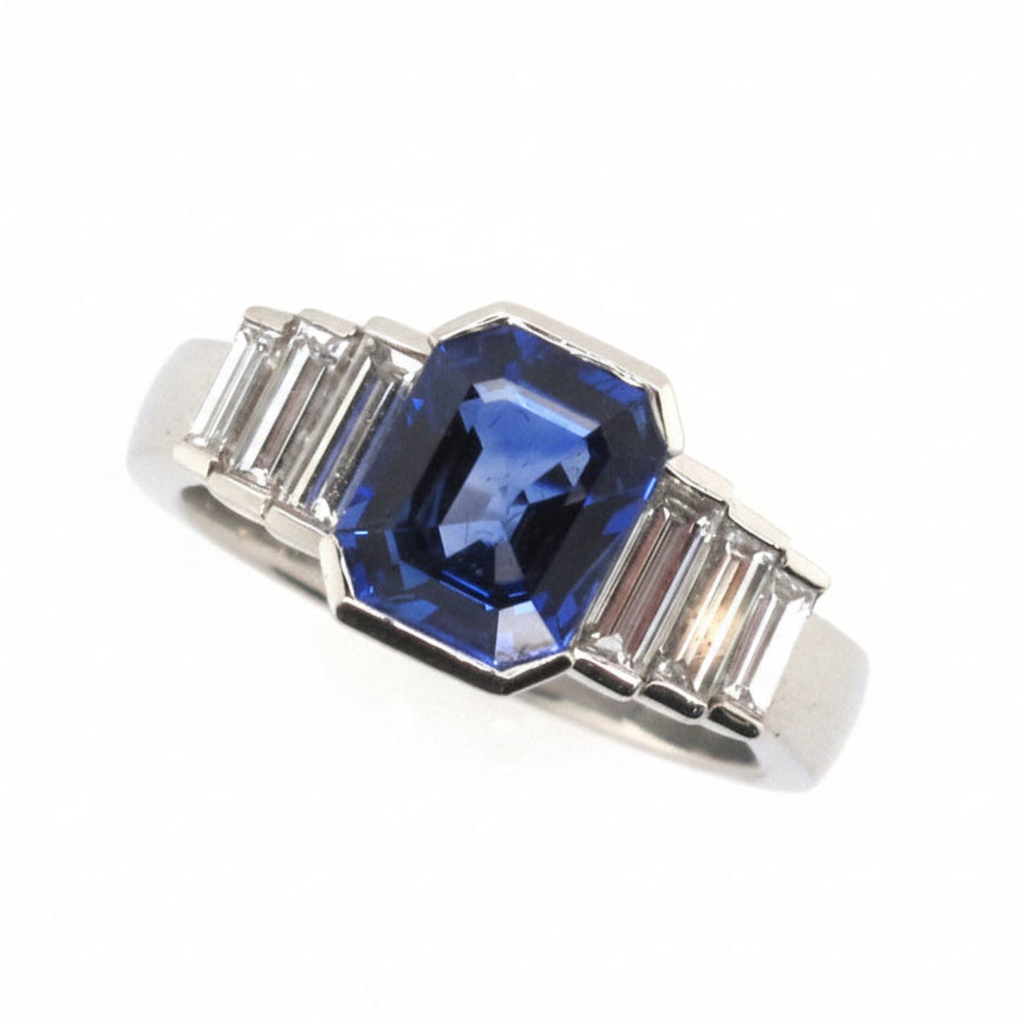 Platinum Emerald Cut Ceylon Sapphire & Diamond Ring