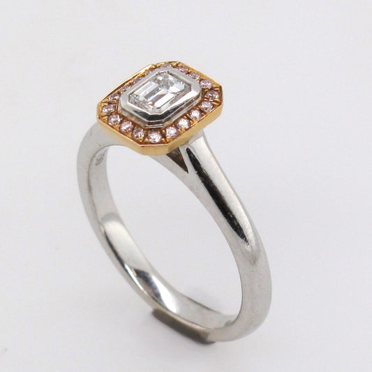 (Sold) 18ct Two Tone Emerald Cut Diamond & Pink Diamond Ring