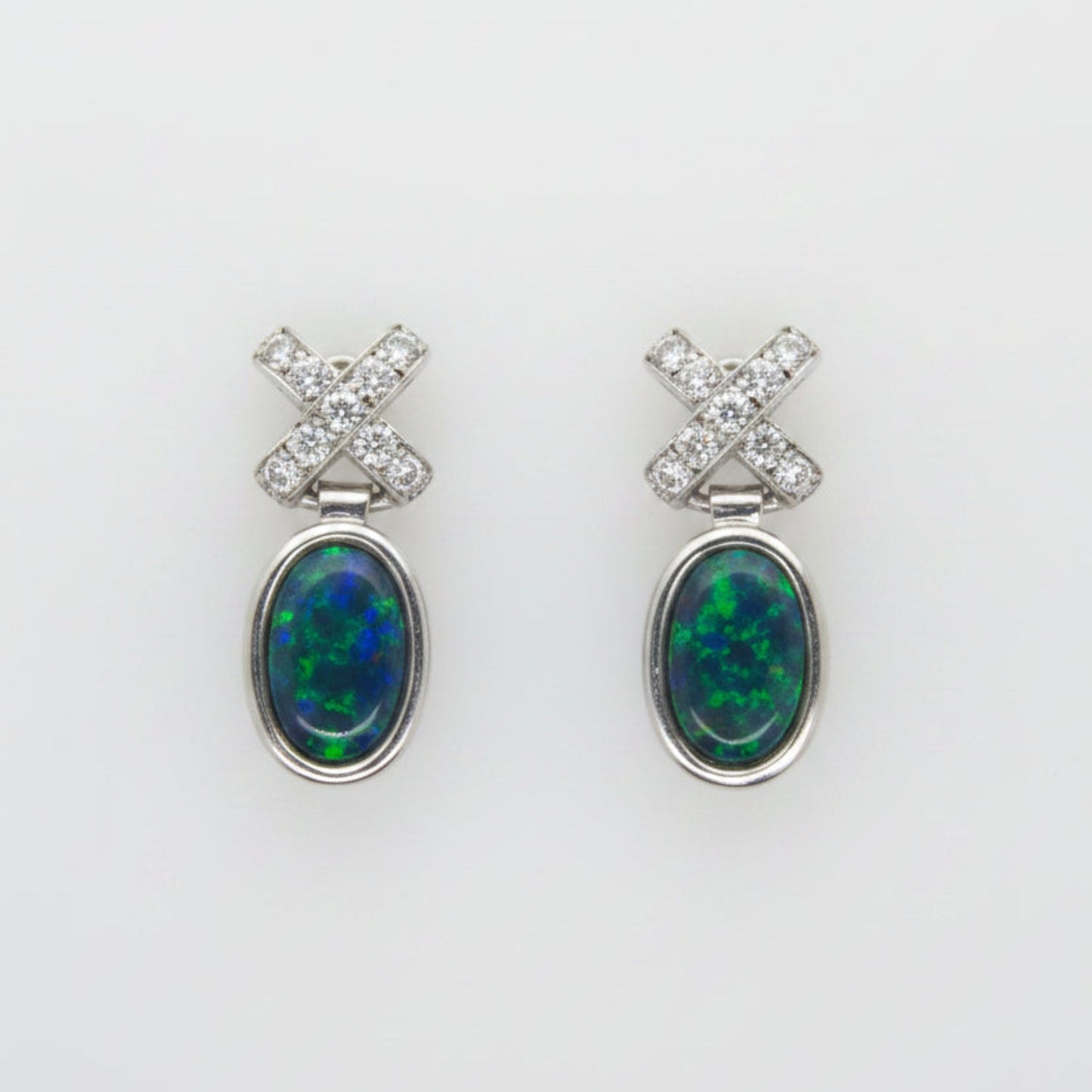 Black Opal and Diamond Cross Design Stud Earrings