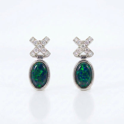 18ct White Gold Black Opal Diamond Cross Earrings