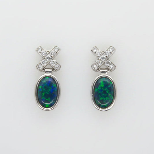 Black Opal and Diamond Cross Design Stud Earrings