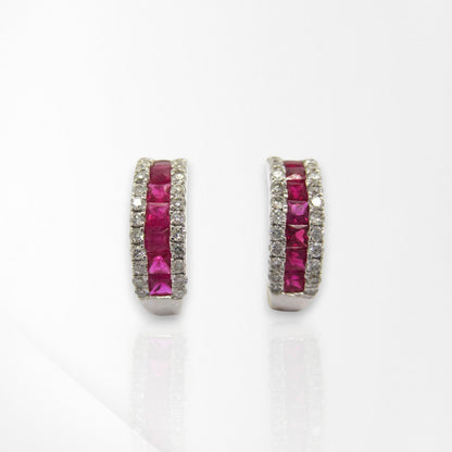 18ct White Gold Ruby & Diamond Huggie Earrings